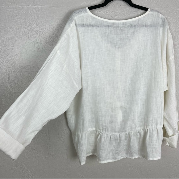 FLAX Linen White Button Down Long Sleeve Button Up Ruffle Hem Blouse M - Picture 10 of 10